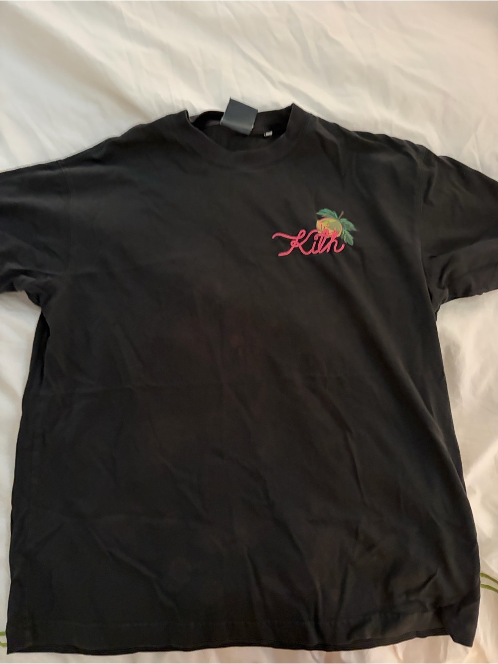 Kith Black Short-Sleeve Tee with Pink Script and Green Palm Graphic